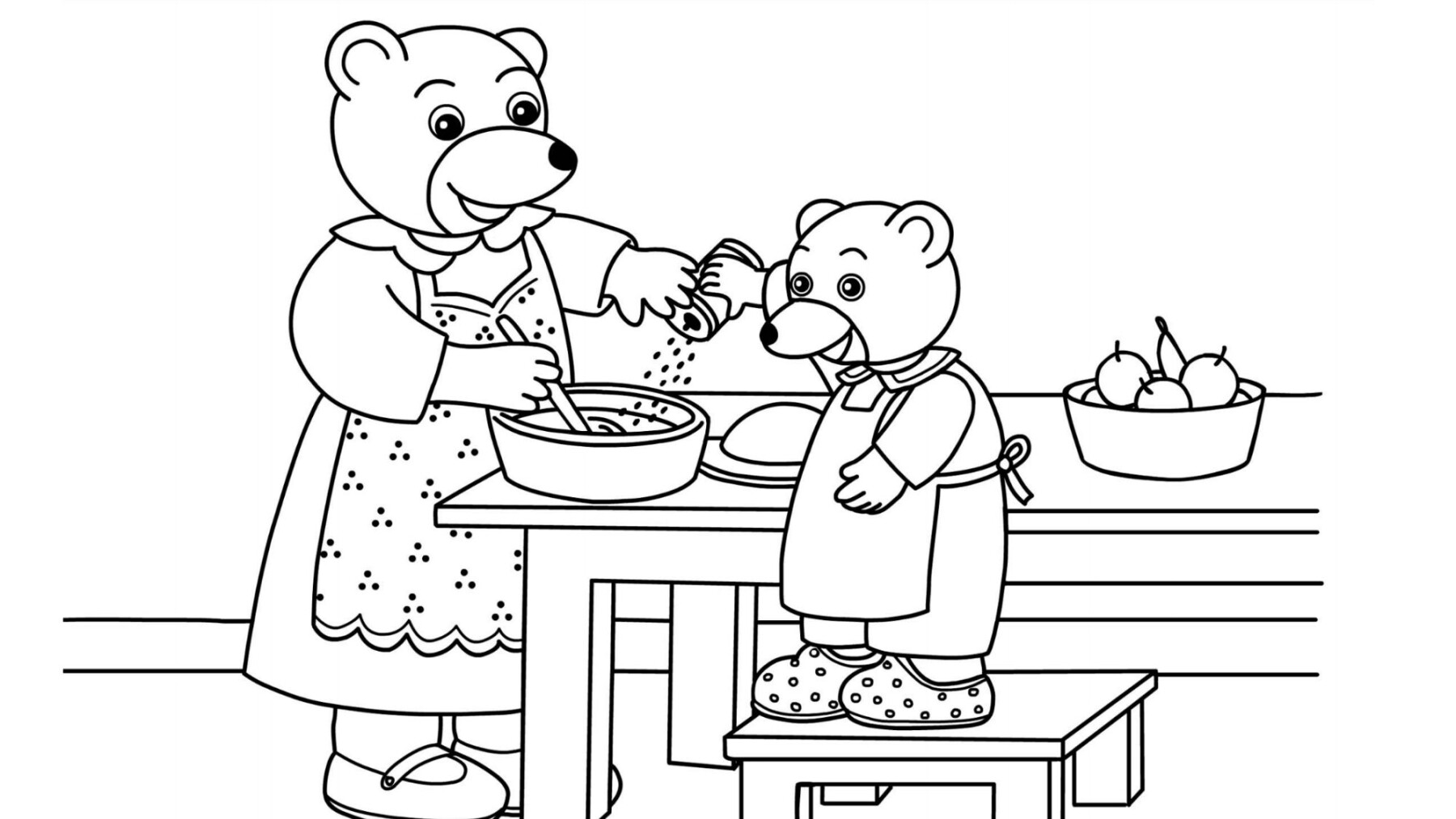 Coloriage Petit Ours Brun Fait La Cuisine Avec Maman